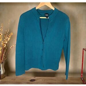 Eileen Fisher Petite Teal Textured Knit Cardigan PS Button Front Sweater